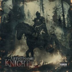 knight cover art design - for Black Metal, Dark Ambient Music - style Cinematic Style, Dark Fantasy - in Black, Grey Color