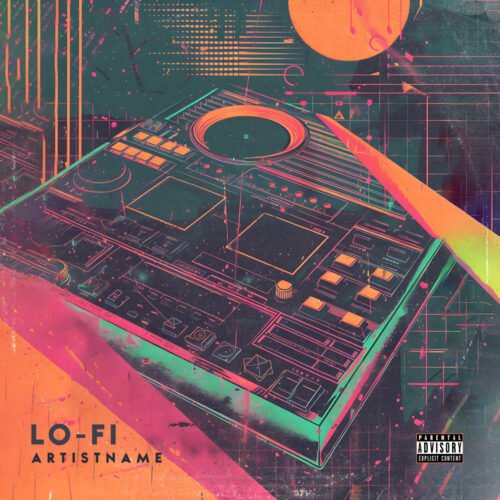 Lo-Fi retro album cover art - for Chillhop, Electronic Music - style Acid Graphics, Geometric Art - in Green, Blue Color