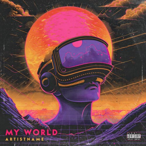 My world lo-fi album cover art design - for Synth-Pop, Electronic Music - style Cyberpunk, Retrowave - in Orange, Pink Color