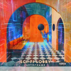 sci-fi lobby cover art design - for Ambient, Chillwave Music - style Cyberpunk, Conceptual Art - in Red, Orange Color