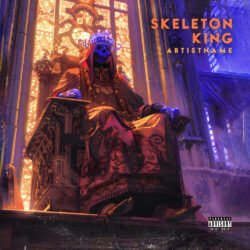 skeleton king power metal cover art design - for Heavy Metal, Death Metal Music - style Dark Fantasy, Cinematic Style - in Blue, Purple Color