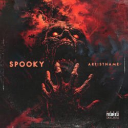 spooky horror album cover art design - for Heavy Metal, Death Metal Music - style Dark Fantasy, Dark Surrealism - in Red, Black Color