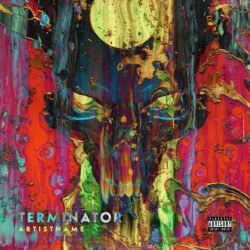 terminator premade heavy metal album cover art design - for Heavy Metal, Industrial Music - style Action Painting, Drip Painting - in Red, Yellow Color