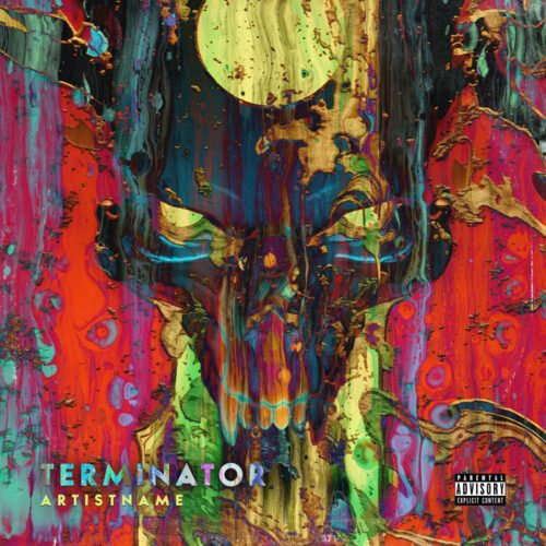 terminator premade heavy metal album cover art design - for Heavy Metal, Industrial Music - style Action Painting, Drip Painting - in Red, Yellow Color