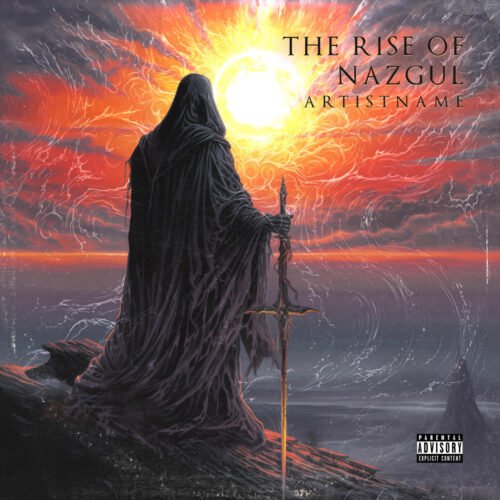 the rise of nazgul cover art design - for Black Metal, Doom Metal Music - style Dark Fantasy, Cinematic Style - in Red, Orange Color