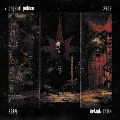 Crystal Palace dark death metal album cover art design - for Black Metal, Dark Ambient Music - style Dark Fantasy, Gothic Art - in Red, Black Color