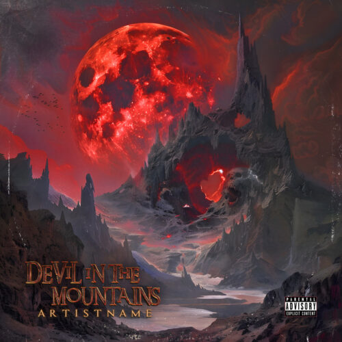 Devil in the Mountains - Premade Album Cover Art - Sci-Fi, Cyberpunk, Futuristic Style - in Red & Grey - for Synthwave, Cyberpunk, Electronic Music - featuring Cyborg, Robot