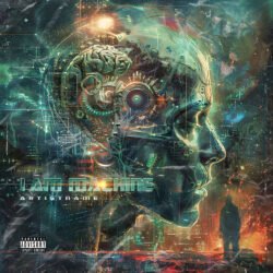 I Am Machine sci-fi cover art design - for Industrial, Electronic Music - style Biopunk, Cyberpunk - in Green, Blue Color