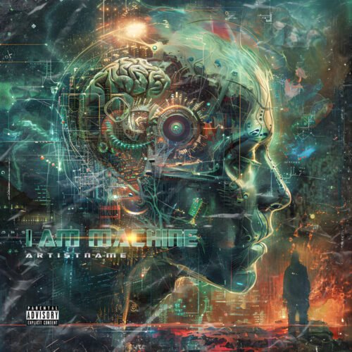I Am Machine sci-fi cover art design - for Industrial, Electronic Music - style Biopunk, Cyberpunk - in Green, Blue Color