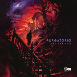 Purgatorio spooky horror cover art design - for Dark Pop, Dark Synth Music - style Dark Fantasy, Cinematic Style - in Red, Purple Color