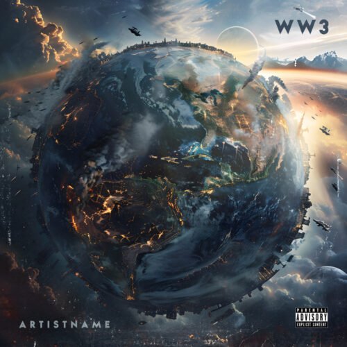 WW3 earth 360 degree photography cover art - for Alternative Metal, Dark Electro Music - style Cinematic Style, Sci-Fi Style - in Blue, Orange Color