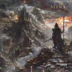 Attack premade Scandinavian Metal cover art - for Heavy Metal, Power Metal Music - style Dark Fantasy, Cinematic Style - in Black, Grey Color