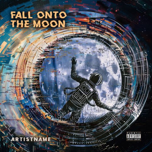 Fall on to the moon cover art design - for Ambient, Dark Synth Music - style Abstract, Acid Graphics - in Blue, Orange Color