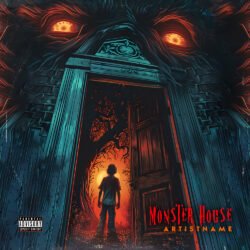 Monster House premade Halloween cover art - for Alternative Rock, Dark Pop Music - style Dark Fantasy, Illustrated - in Red, Orange Color