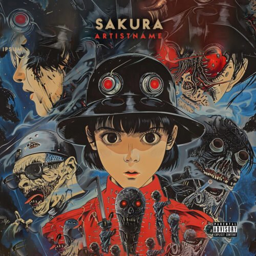 Sakura premade thriller cover art - for Electro, Industrial Music - style Anime, Cyberpunk - in Red, Blue Color