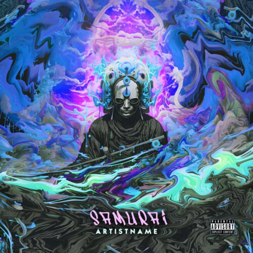 Samurai premade psychedelic cover art - for Hip-Hop, Phonk Music - style Cyberpunk, Sci-Fi Style - in Blue, Purple Color