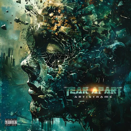 Tear Apart machinist cover art design - for Alternative Metal, Industrial Metal Music - style Surrealist, Sci-Fi Style - in Green, Blue Color