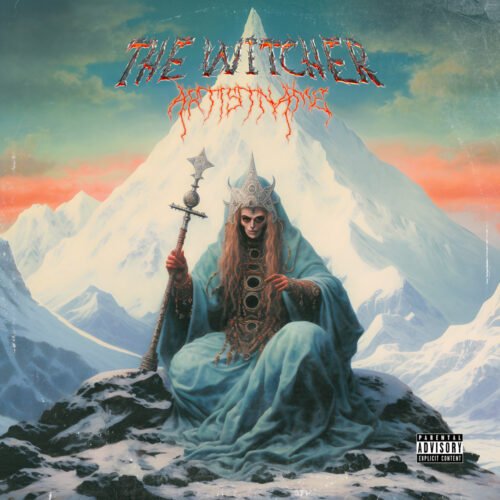 The Witcher Stoner metal cover art - for Dark Ambient, Black Metal Music - style Dark Fantasy, Illustrated - in Blue, White Color