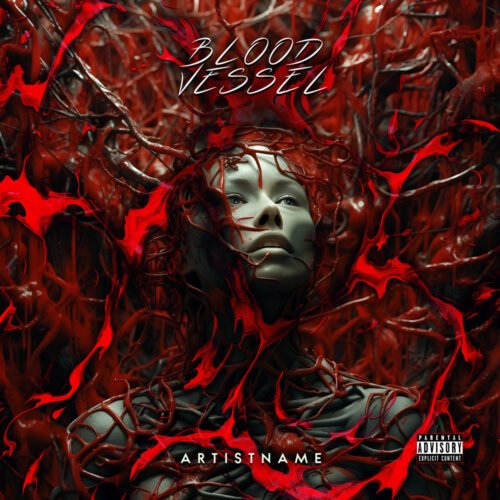 Blood Vessel cover art design - for Death Metal, Industrial Metal Music - style Dark Fantasy, Dark Surrealism - in Red, Black Color