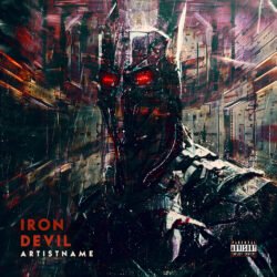Iron Devil premade metal cover art design - for Heavy Metal, Industrial Metal Music - style Cyberpunk, Dark Surrealism - in Red, Black Color