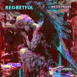 Regretful angel cover art design - for Dark Pop, Alternative Rock Music - style Glitch Art, Dark Fantasy - in Red, Blue Color