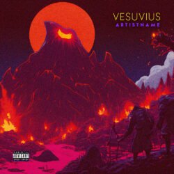 Vesuvius premade cover art design - for Dark Synth, Stoner Metal Music - style Illustrated, Retrowave - in Red, Orange Color