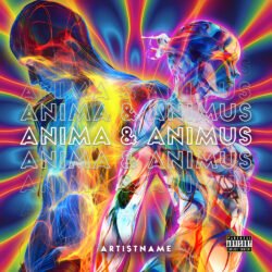 Anima Animus premade edm cover art design - for Electronic, Techno Music - style Cyberpunk, Psychedelic Art - in Red, Yellow Color