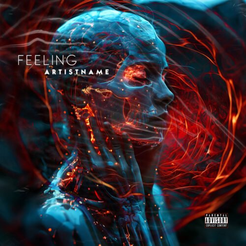 Feeling premade cover art design - for Alternative Metal, Dark Electro Music - style Cyberpunk, Dark Surrealism - in Blue, Red Color