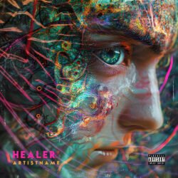 Healer Premade Cover Art Design - For Ambient, Experimental Music - Style Abstract, Biopunk - In Blue, Green Color