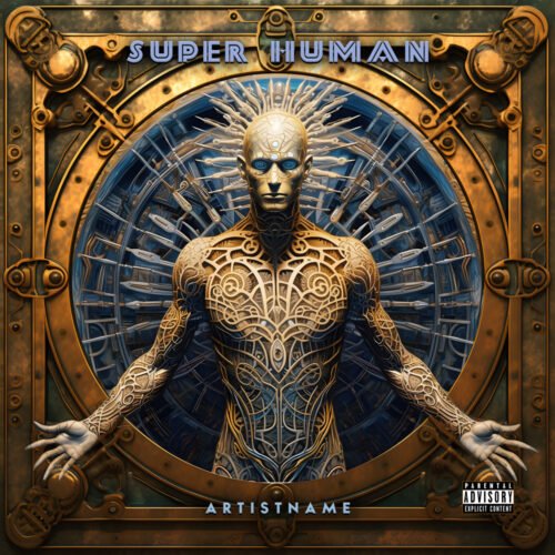 Superhuman premade cover art design - for Industrial, Industrial Metal Music - style Steampunk, Sci-Fi Style - in Yellow, Orange Color
