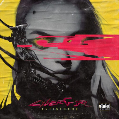 Cybergirl premade cover art design - for Dark Synth, Electronic Music - style Acid Graphics, Cyberpunk - in Yellow, Pink Color
