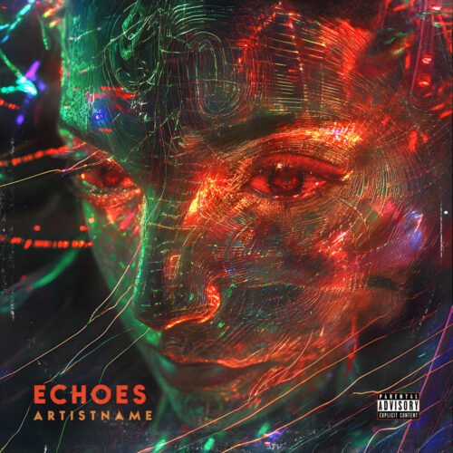 Echoes premade cover art design - for Dark Electro, Industrial Music - style Cyberpunk, Sci-Fi Style - in Red, Green Color