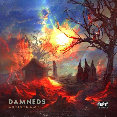 Damned doom metal cover art design - for Black Metal, Doom Metal Music - style Dark Fantasy, Expressionism - in Red, Yellow Color