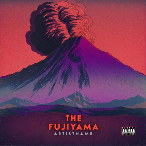 Fujiyama premade landscape cover art design - for Psychedelic Rock, Stoner Rock Music - Illustrated, Ukiyo-E Style - in Red, Purple Color