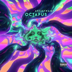Octopus psychedelic cover art design - for Electronic, Psychedelic Rock Music - style Psychedelic Art, Surrealist - in Blue, Purple Color