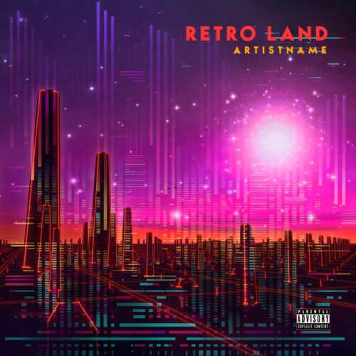 Retro Land premade album cover art design - for Synth-Pop, Electro Music - style Cyberpunk, Retrowave - in Purple, Pink Color