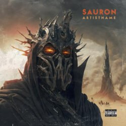 Sauron portrait - for Heavy Metal, Death Metal Music - style Dark Fantasy, Cinematic Style - in Orange, Black Color