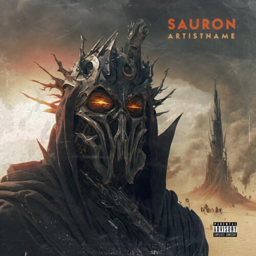 Sauron portrait - for Heavy Metal, Death Metal Music - style Dark Fantasy, Cinematic Style - in Orange, Black Color