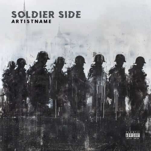 Soldier Side album cover art design - for Alternative Metal, Alternative Rock Music - style Charcoal Sketch, Drip Painting - in Black, Grey Color
