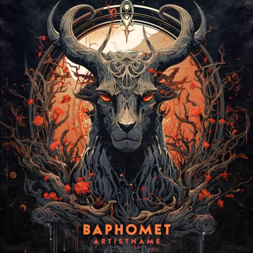 Baphomet metal cover art design - for Black Metal, Dark Ambient Music - style Dark Fantasy, Gothic Art - in Red, Orange Color