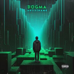 Dogma album cover art design - for Dark Electro, Industrial Music - style Cyberpunk, Conceptual Art - in Green, Blue Color