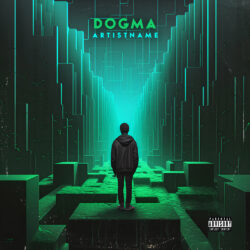 Dogma album cover art design - for Dark Synth, Industrial Rock Music - 3D Render, Cyberpunk Style - in Green, Black Color