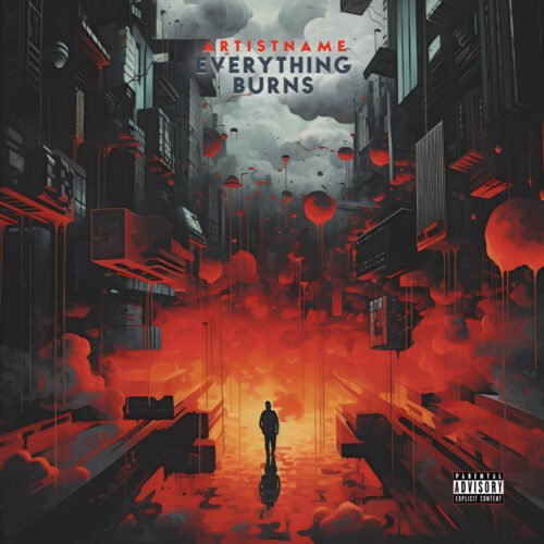 Everything Burns album cover art design - for Alternative Metal, Industrial Music - style Cyberpunk, Cinematic Style - in Red, Orange Color