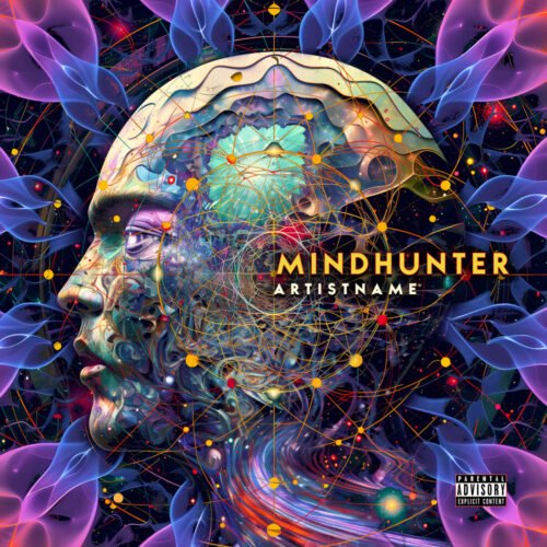 Mindhunter psychedelic cover art design - for Electronic, Ambient Music - style Abstract, Psychedelic Art - in Blue, Purple Color