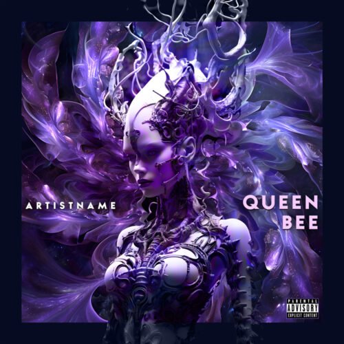 Queen Bee album cover art design - for Dark Pop, Electronic Music - style Cyberpunk, Dark Fantasy - in Purple, Blue Color