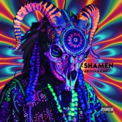 Shamen album cover art design - for Psytrance, Electronic Music - style Psychedelic Art, Maximalist - in Blue, Purple Color
