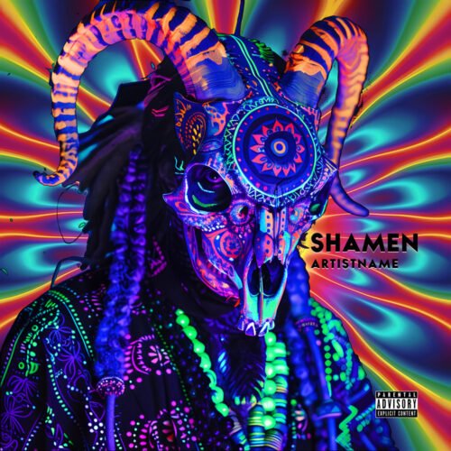 Shamen album cover art design - for Psytrance, Electronic Music - style Psychedelic Art, Maximalist - in Blue, Purple Color