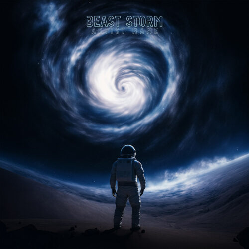 Beast storm cover art design - for Progressive Rock, Space Rock Music - Cinematic Style, Digital Painting Style - in Blue, Black Color