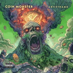Coin monster cover art design - for Alternative Hip-Hop, Trap Metal Music - Illustrated, Digital Art Style - in Green, Orange Color
