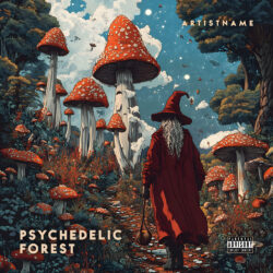 Psychedelic Forest cover art design - for Psychedelic Rock, Neo-Psychedelia Music - Psychedelic Art, Digital Painting Style - in Red, Green Color